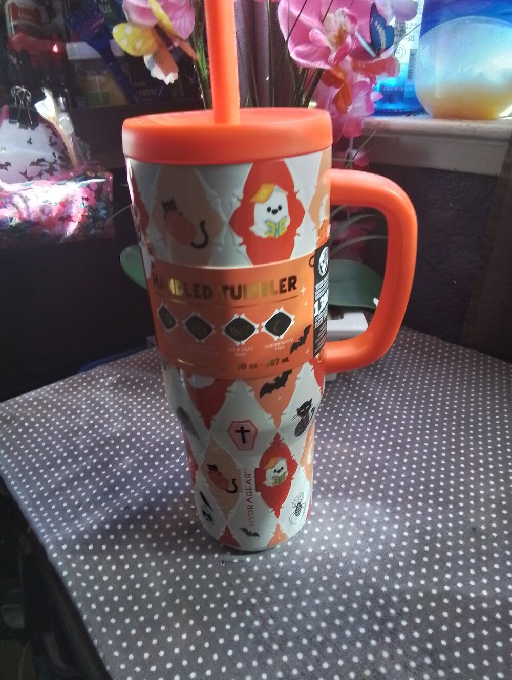 Kids Halloween Orange Handle Travel Tumbler with Straw metal & Plastic